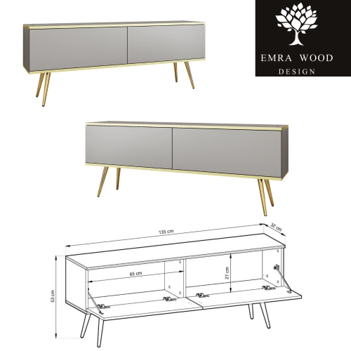Szafka RTV Szaro - Złota  135 cm Noga Czarna -  Złota